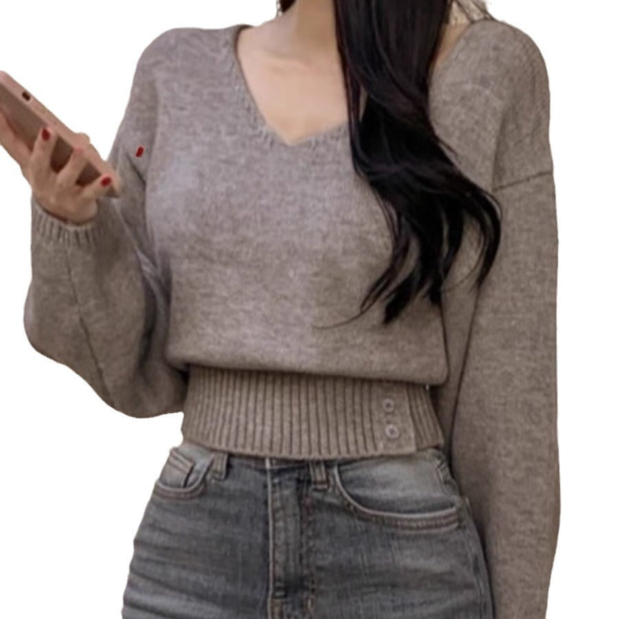 Korea chic autumn and winter simple solid color V-neck, side button-up waist to show thin short knit sweater women's pullover sweater