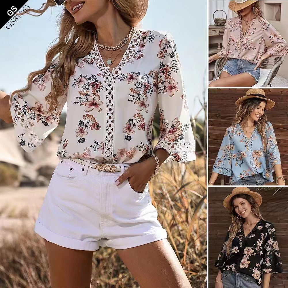 2024 Europe, America, Southeast Asia, summer new loose V-neck temperament, commuter bell sleeve lace top, chiffon shirt