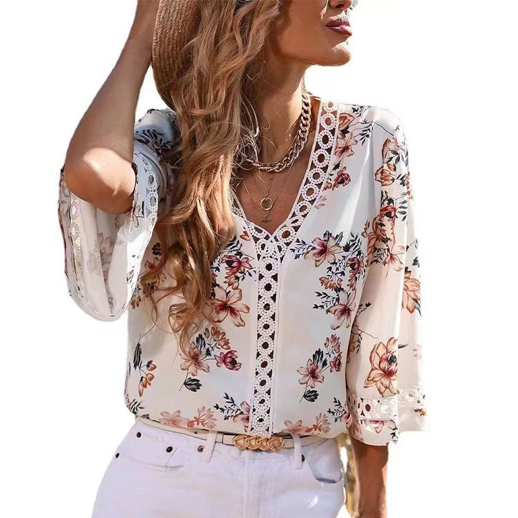 2024 Europe, America, Southeast Asia, summer new loose V-neck temperament, commuter bell sleeve lace top, chiffon shirt