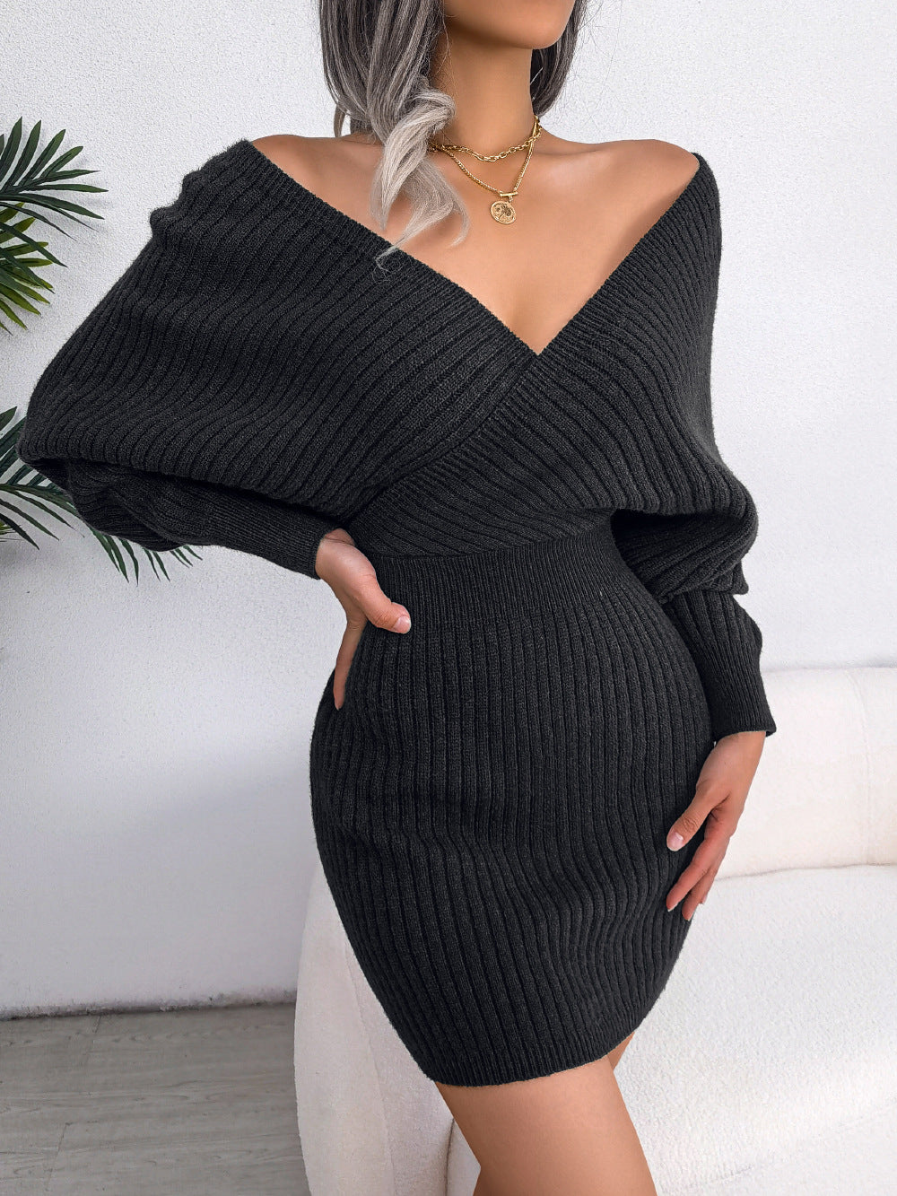 2024 Autumn and Winter Europe and America Sexy Cross V Neck Bat Skirt Hip Dress Sweater Dress Independent Station Cross-border Women's Wear