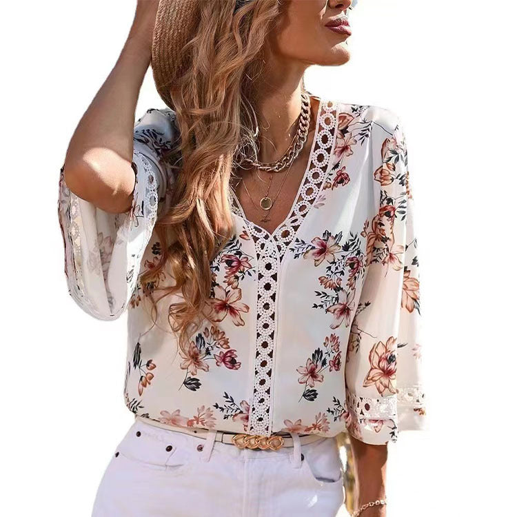 2024 Europe, America, Southeast Asia, summer new loose V-neck temperament, commuter bell sleeve lace top, chiffon shirt